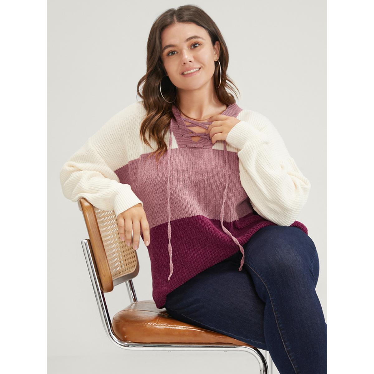 Plus Size Colorblock Contrast Chenille Knit Lace Up V Neck Knit Top Multicolor Women Casual Long Sleeve V-neck Dailywear Pullovers BloomChic 28/5X Product Image