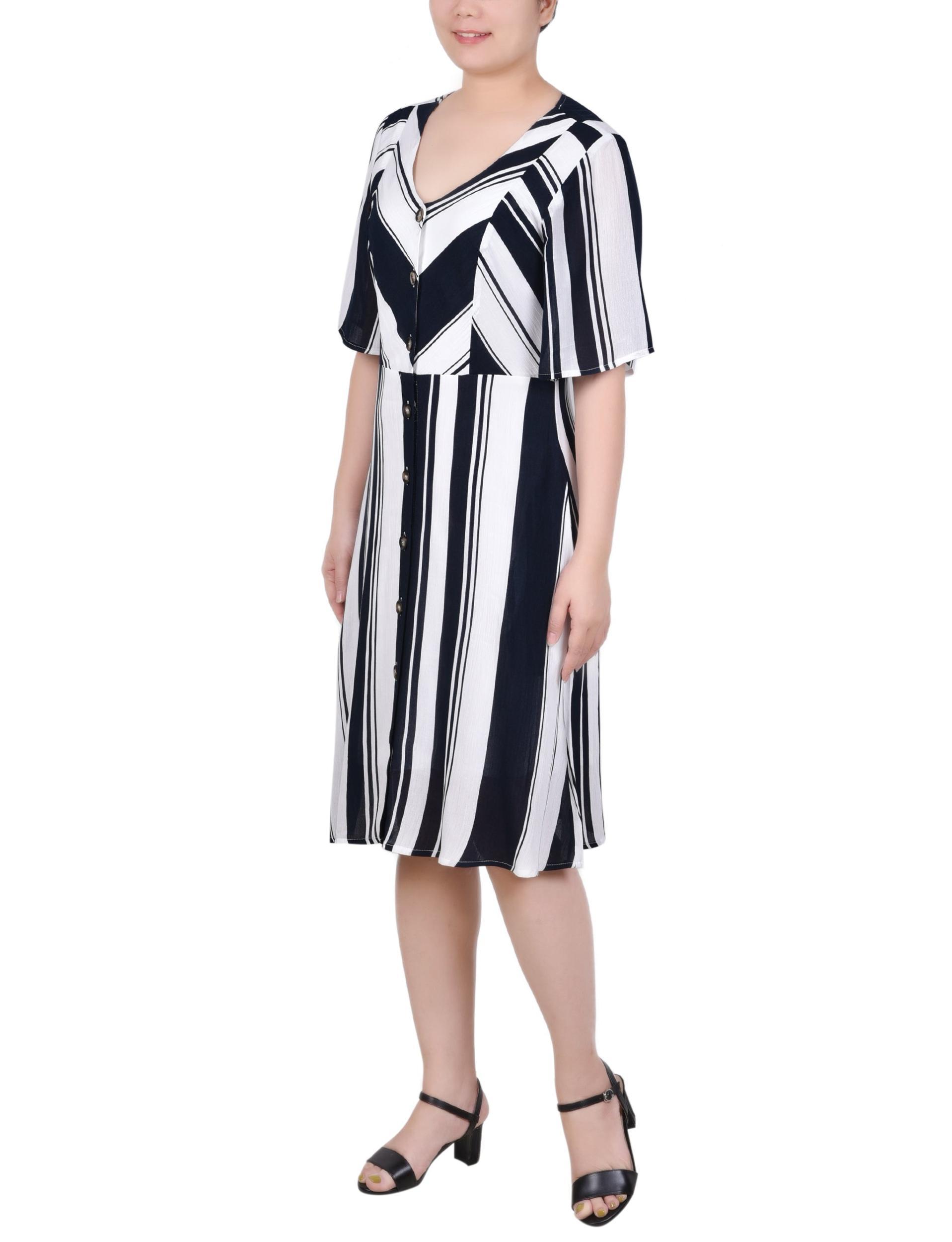 Navy White Stripe Elbow Sleeve Button Front Dress Product Image