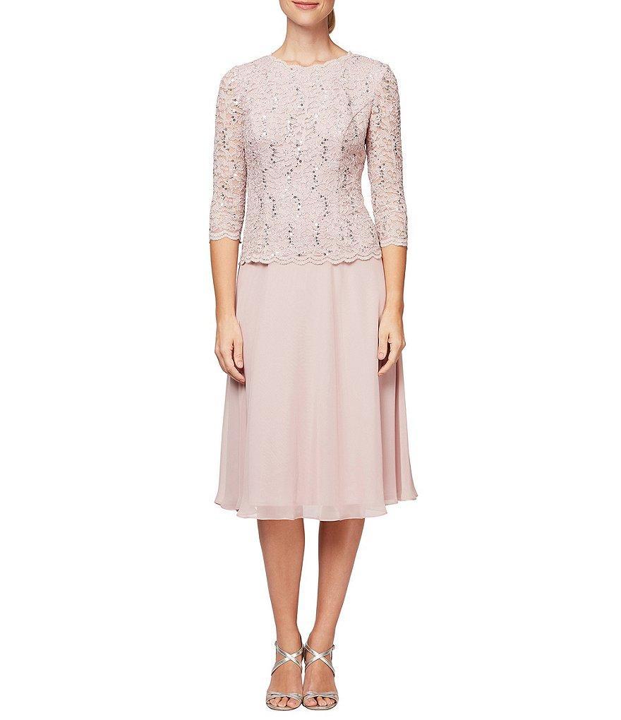 Alex Evenings Crew Neck 3/4 Sleeve Sequin Floral Lace Bodice Chiffon A-Line Midi Dress Product Image