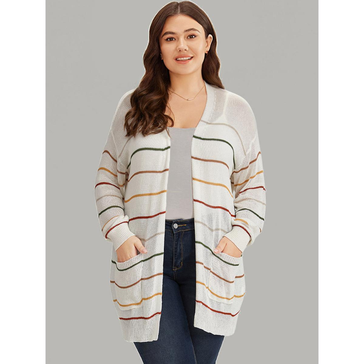 Plus Size UltraCool Rainbow Striped Open Front Pocket Cardigan Ivory Women Casual Loose Long Sleeve Dailywear Cardigans BloomChic 14-16/1X Product Image