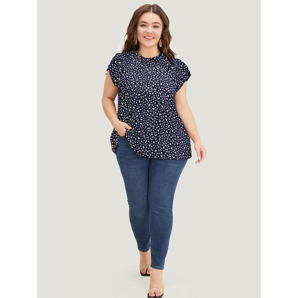 Plus Size Indigo Allover Print Mock Neck Ruffle Layered Sleeve Blouse Women Elegant Cap Sleeve Mock Neck Dailywear Blouses BloomChic 10/M Product Image