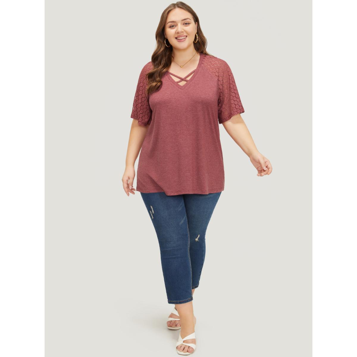 Plus Size Plain Lace Raglan Sleeve Heather Crisscross Neck T-shirt Russet Women Elegant Patchwork Plain V-neck Dailywear T-shirts BloomChic 30/6X Product Image