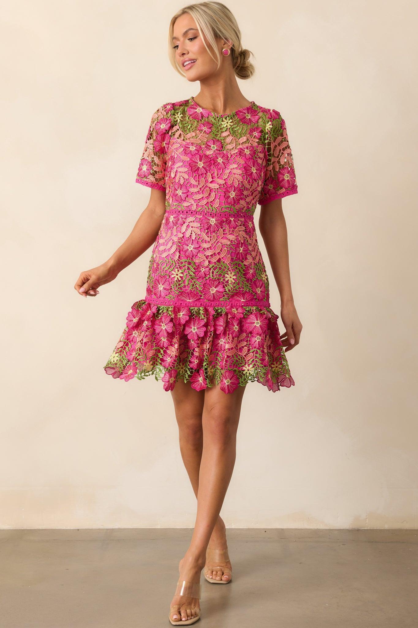 A Work Of Art Magenta Pink Floral Embroidered Mini Dress Product Image