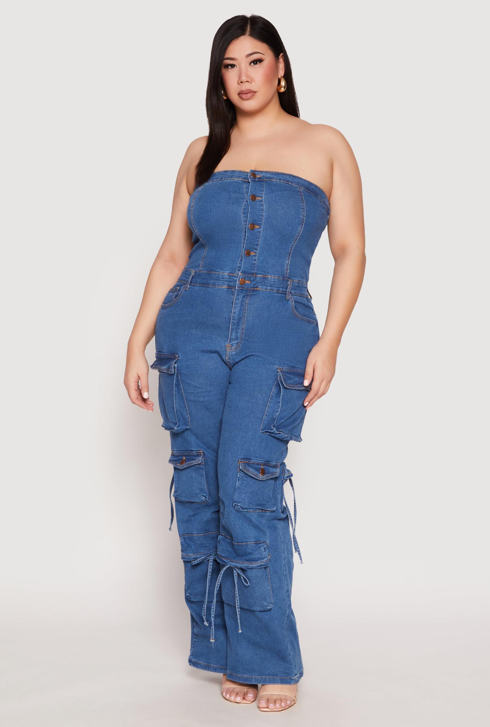 Womens Plus Size Daisy Denim Cargo Jumpsuit Product Image
