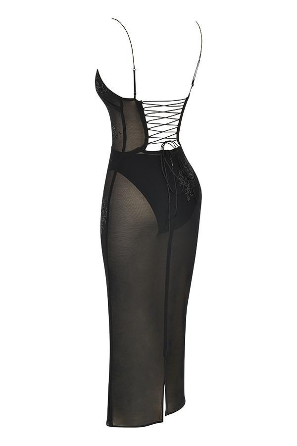 Amirah Black Mesh Crystal Embellished Midi Dress Product Image