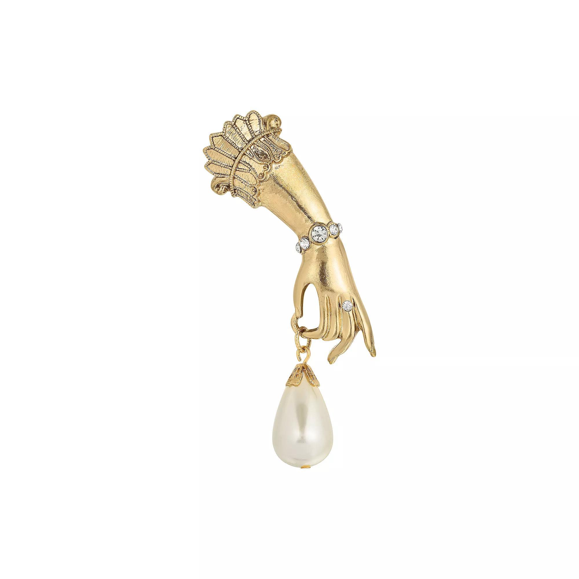 1928 Gold Tone Ladys Hand Pin with Simulated Pearl & Crystal Accents, Womens, White Product Image