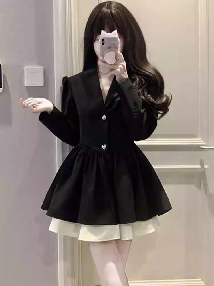 Long-Sleeve Lapel Collar Two Tone Mini A-Line Dress Product Image