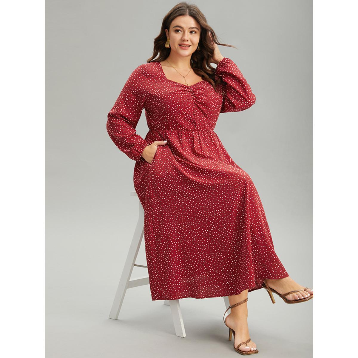 Plus Size Polka Dot Ruched Overlap Collar Pocket Dress Raspberry Women Elegant Elastic cuffs Square Neck Long Sleeve Curvy Midi Dress BloomChic 12/L Product Image