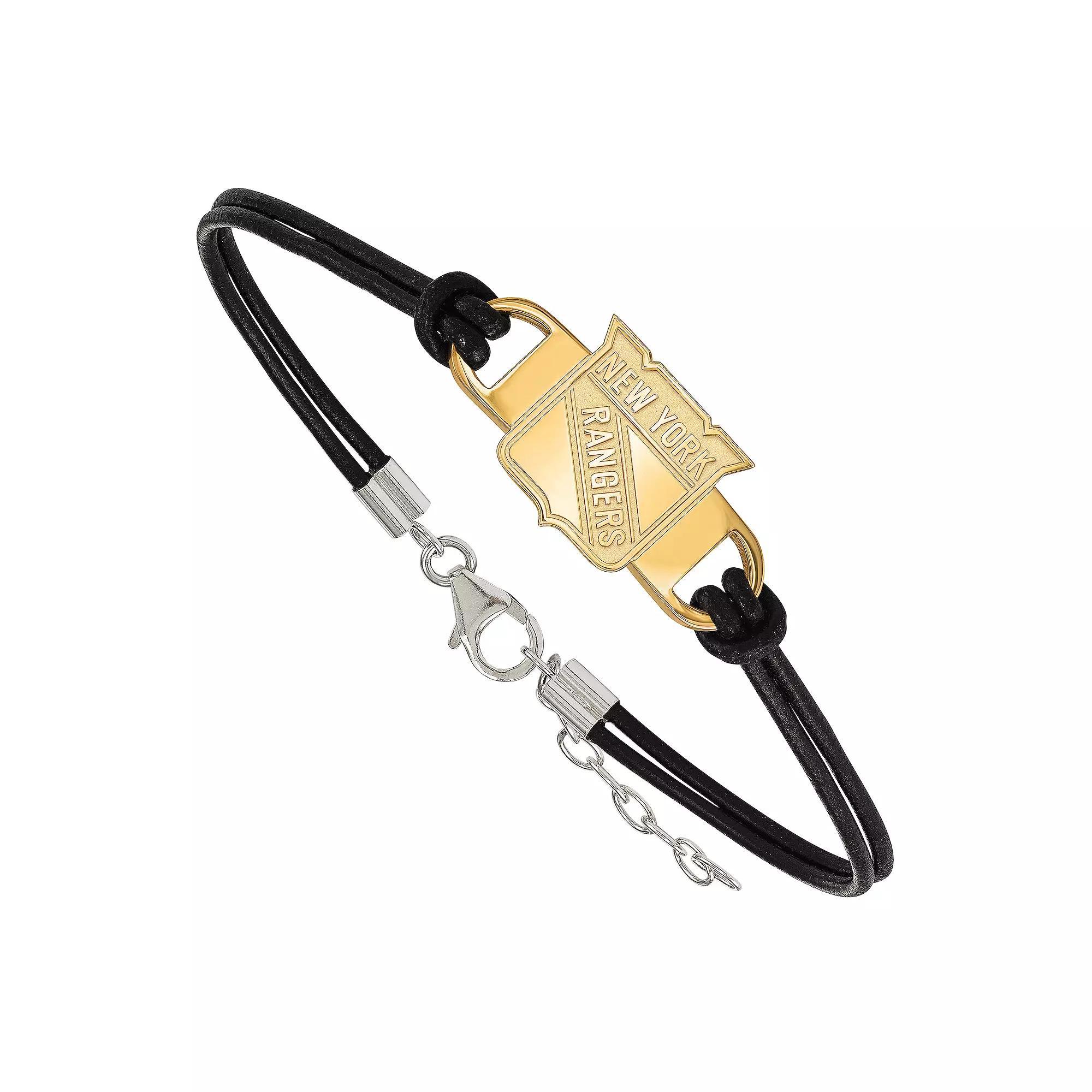 LogoArt New York Rangers Sterling Silver Black Leather Bracelet, Womens Product Image