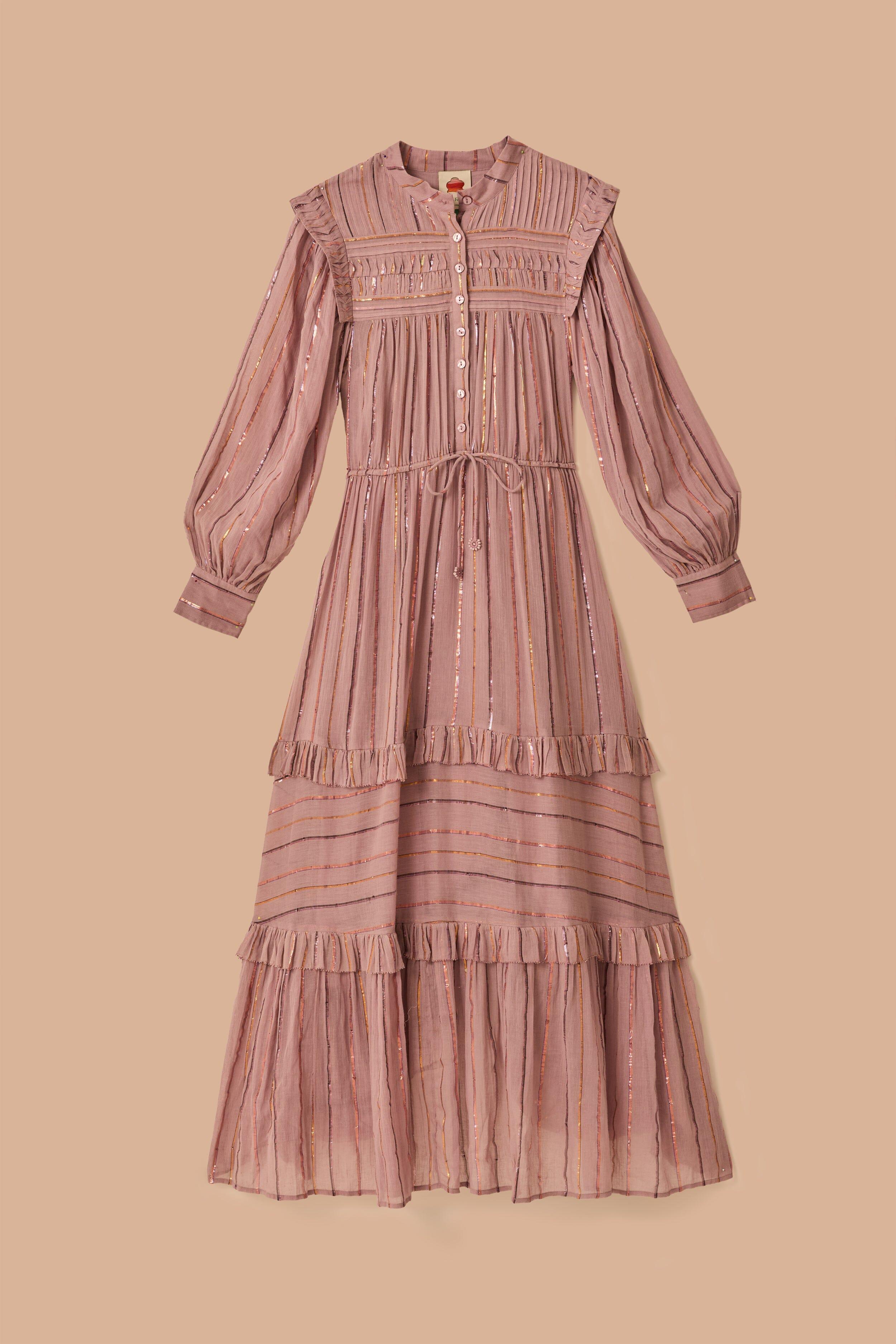 Light Pink Pleated Yoke Tiered Maxi Dress Product Image