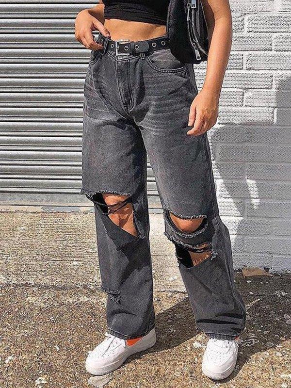 Boyfriend Fit Knee Ripped Jeans Product Image