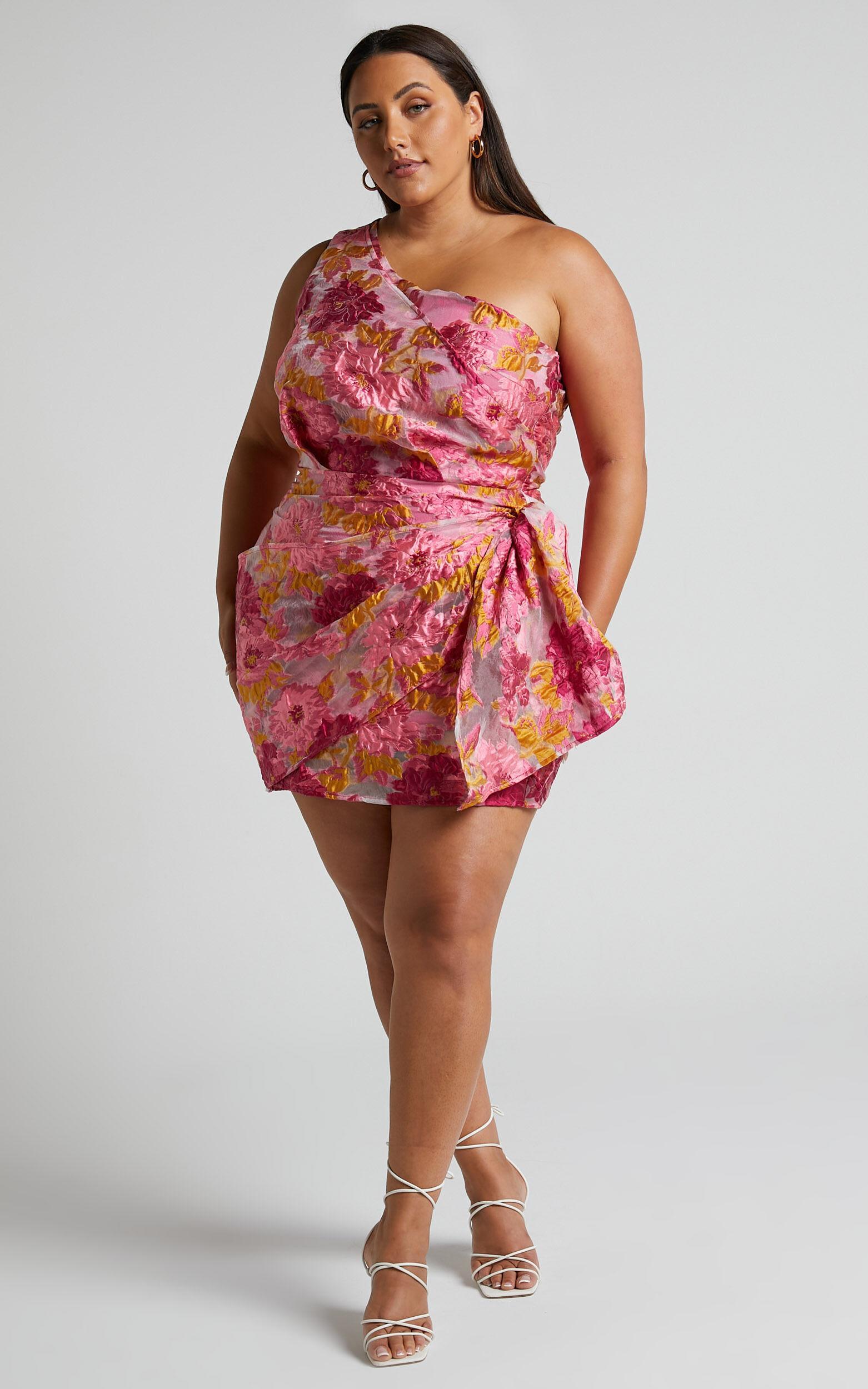 Brailey Mini Dress - One Shoulder Wrap Front Dress in Pink Jacquard Product Image