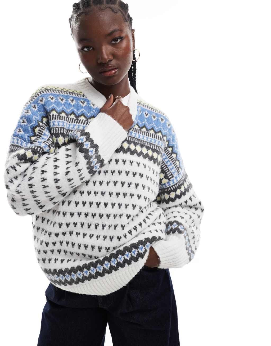 ASOS DESIGN crew neck fairisle sweater in cream Product Image