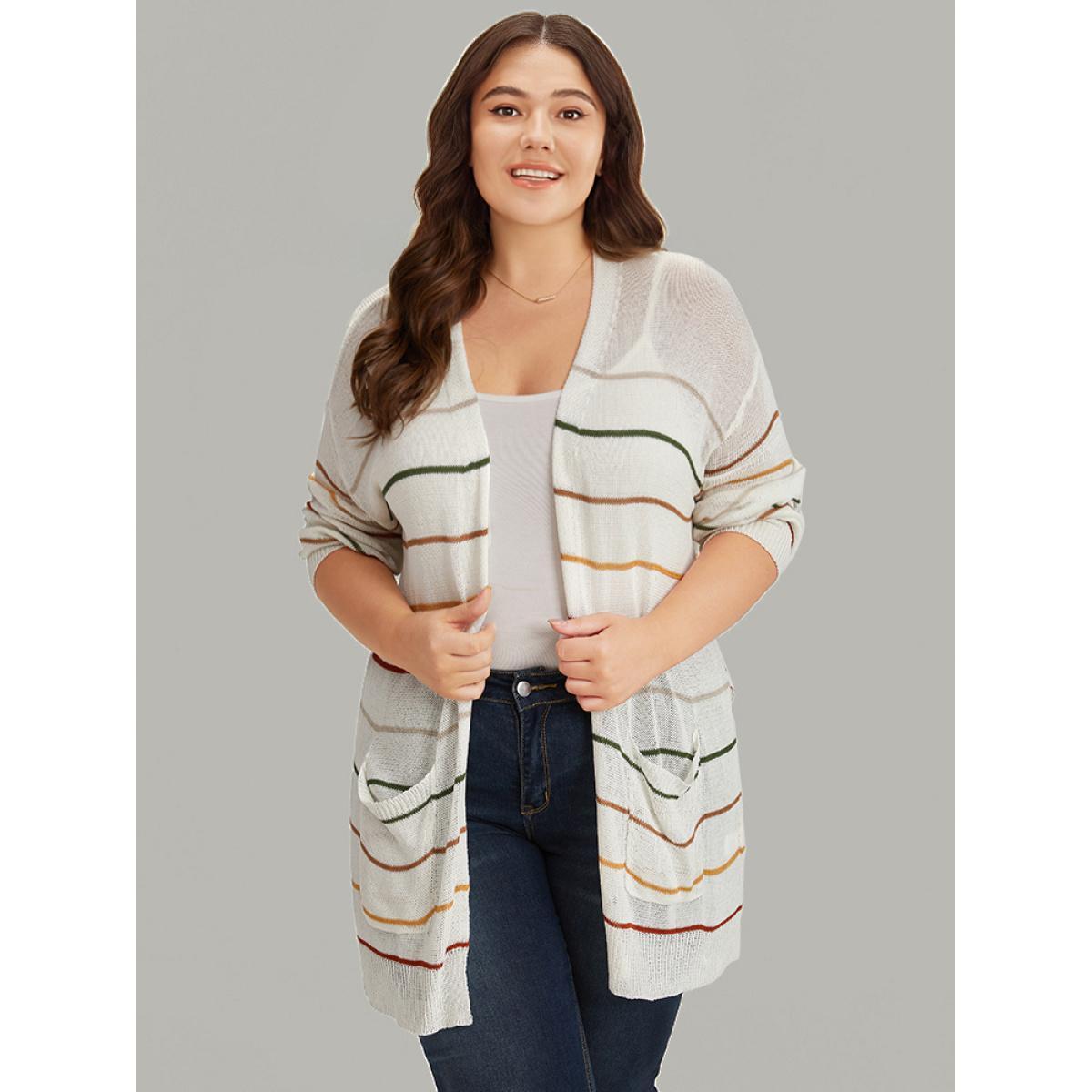 Plus Size UltraCool Rainbow Striped Open Front Pocket Cardigan Ivory Women Casual Loose Long Sleeve Dailywear Cardigans BloomChic 14-16/1X Product Image