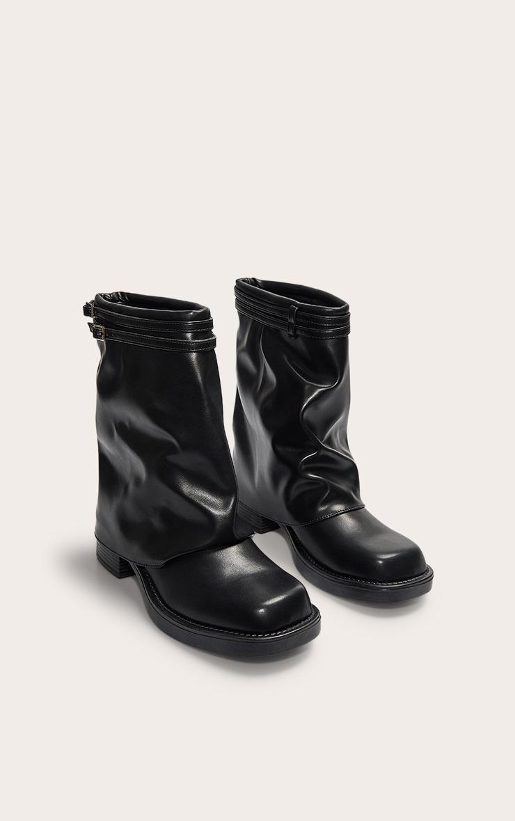 Black PU Round Toe Fold Over Buckle Strap Ankle Boots Product Image