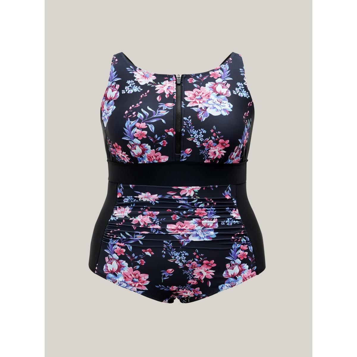 Plus Size Glide-Lock Zipper Floral Ruched One-Piece Swimsuit Women's Swimwear Black Beach Gathered Curve Bathing Suits High stretch One Pieces BloomChic 28/5X Product Image