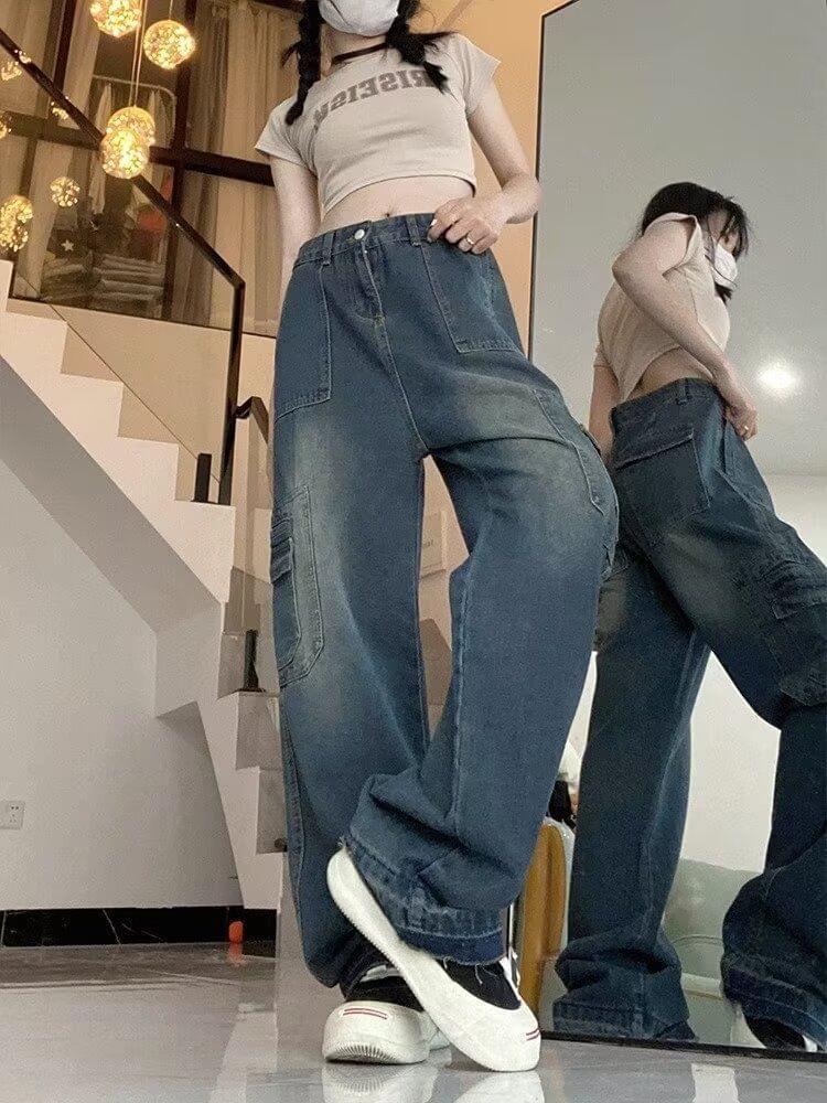 High Rise Washed Wide Leg Cargo Jeans Product Image