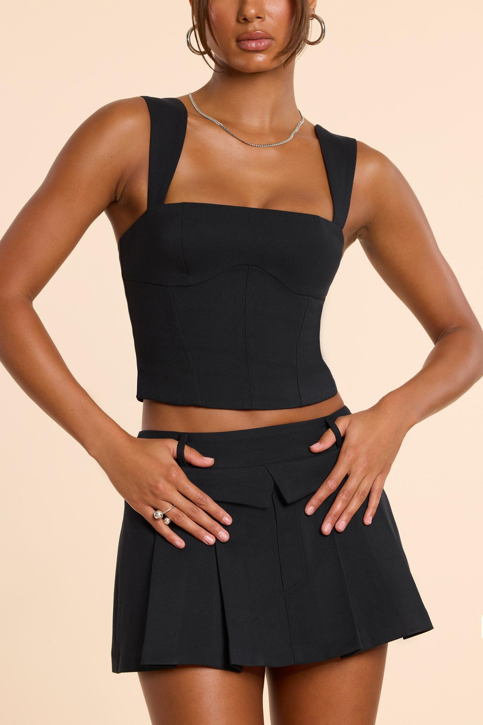 Brushed Twill Mid Rise Pleated Micro Mini Skirt in Black Product Image