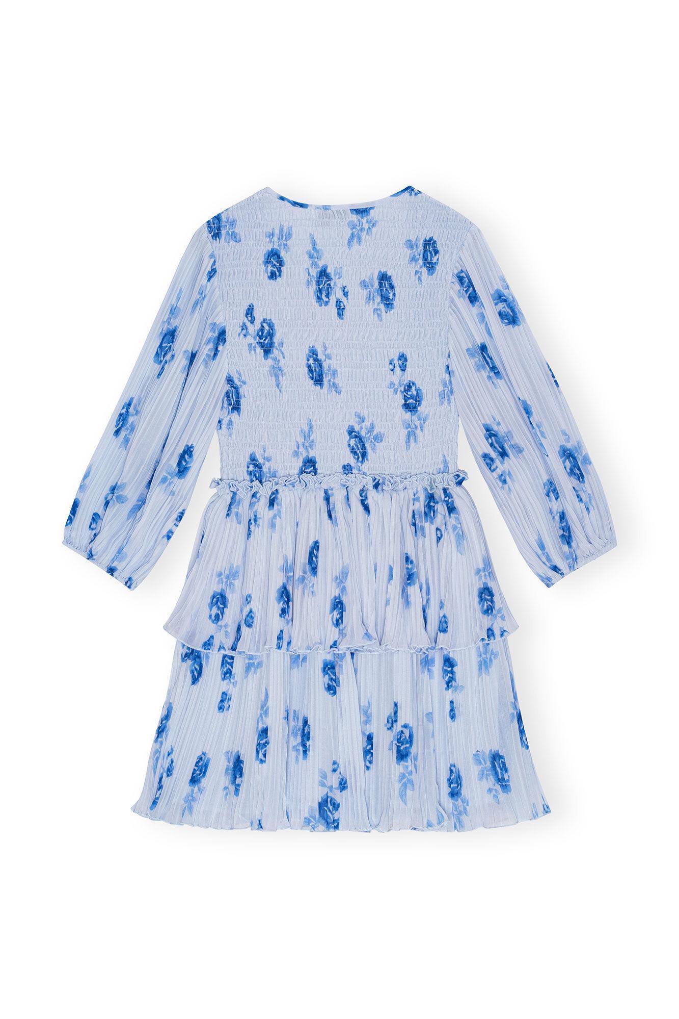 Blue Pleated Georgette Flounce Smock Mini Dress Product Image