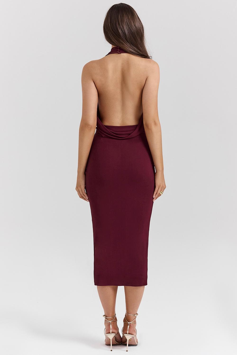 Florentina Merlot Draped Midi Dress Product Image