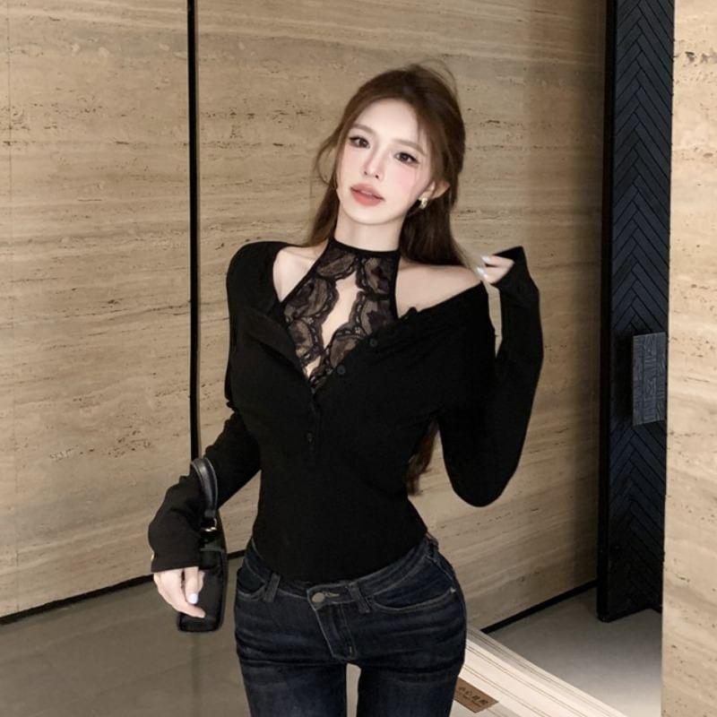 Long Sleeve Cold Shoulder Plain Mock Two Piece Panel Lace Top Product Image