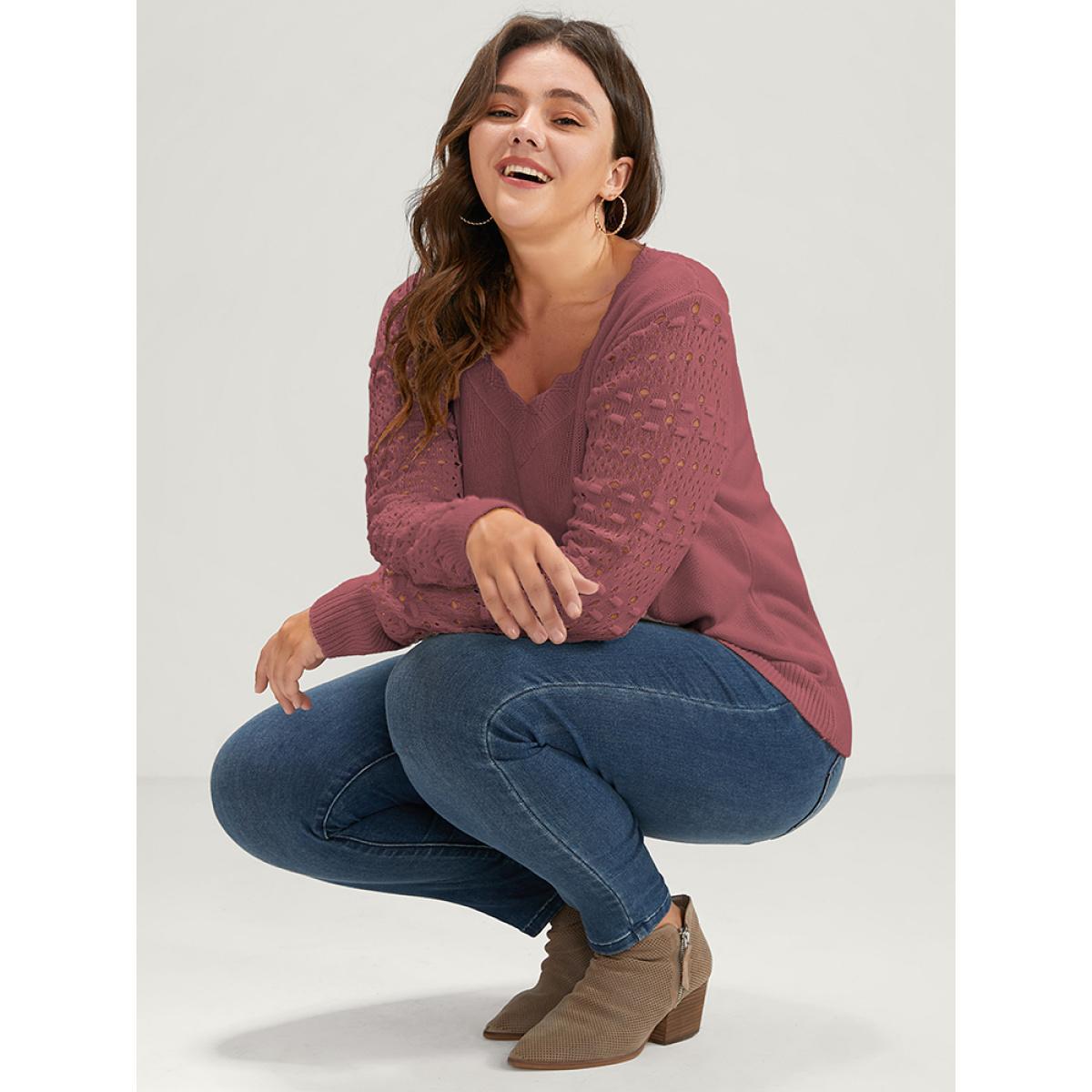 Plus Size Solid Pointelle Knit Scalloped Trim V Neck Crochet Knit Top Russet Women Elegant Long Sleeve V-neck Dailywear Pullovers BloomChic 26/4X Product Image