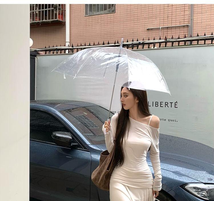 Set: Long-Sleeve Cold Shoulder Plain Ruched Midi A-Line Dress + Slipdress Product Image