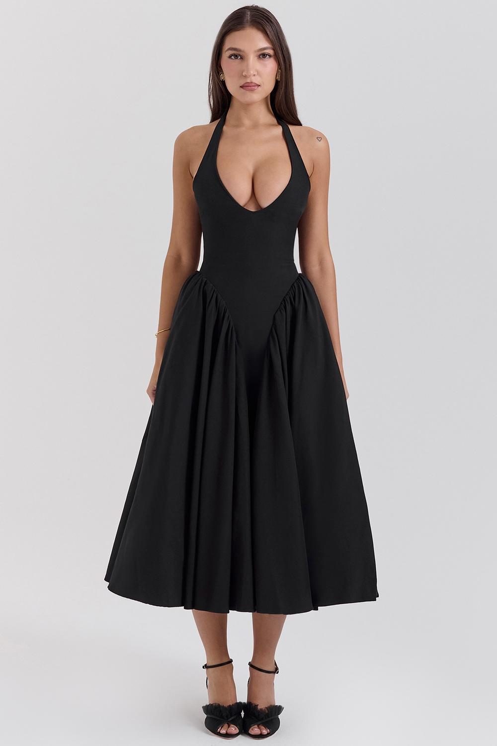 Marilyn Black Twill Halter Midi Dress Product Image