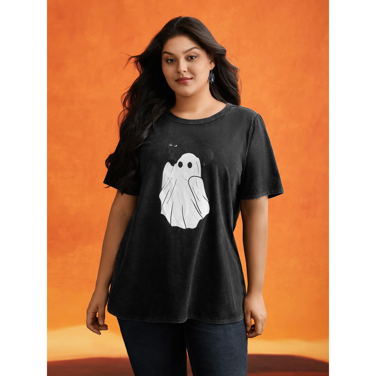 Plus Size Cotton Hide And Seek Washed Effect T-shirt Black Women Casual Non Halloween Round Neck Everyday T-shirts BloomChic 28/5X Product Image