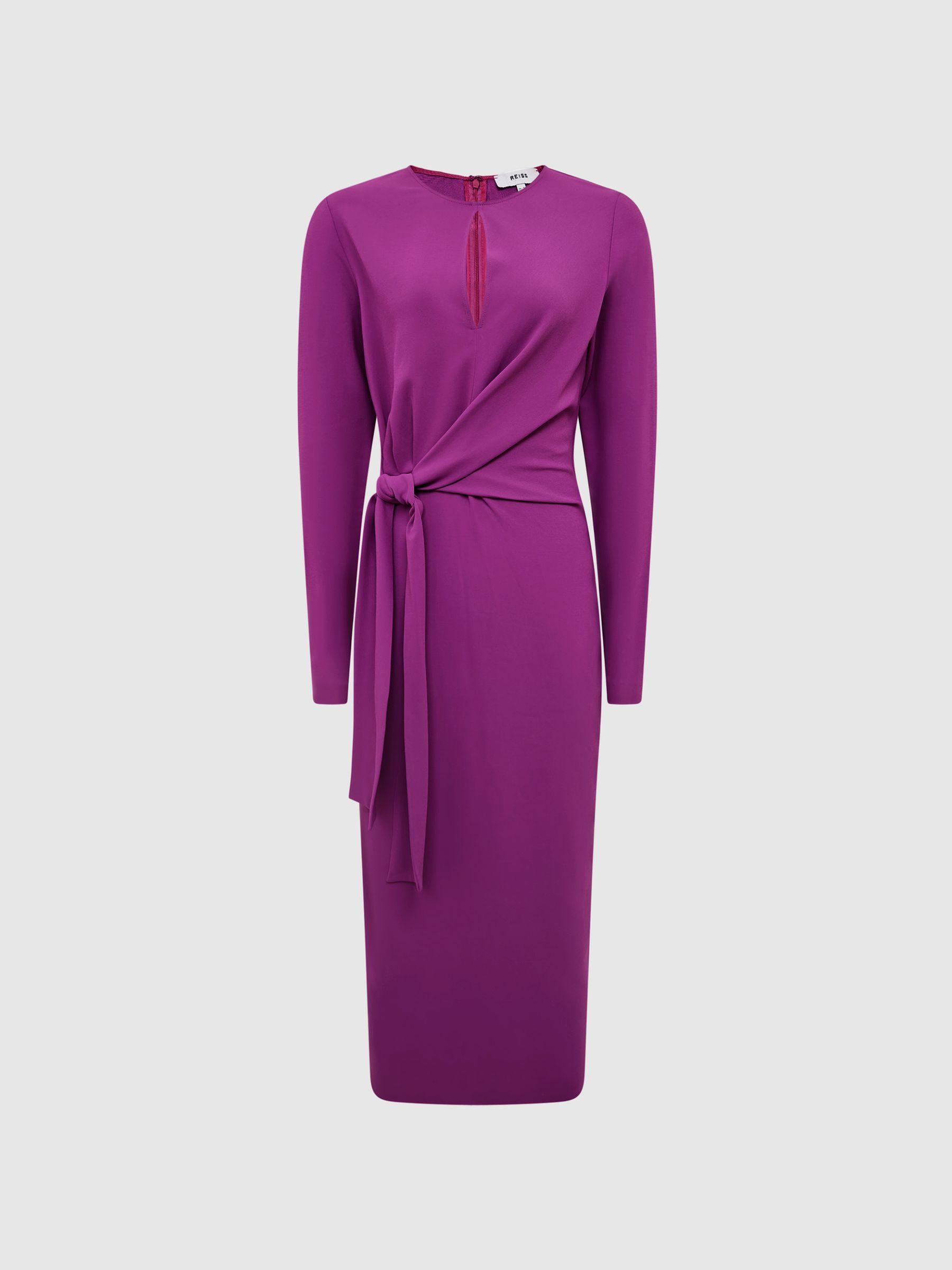 Tie Waist Bodycon Midi Dress in Magenta Product Image