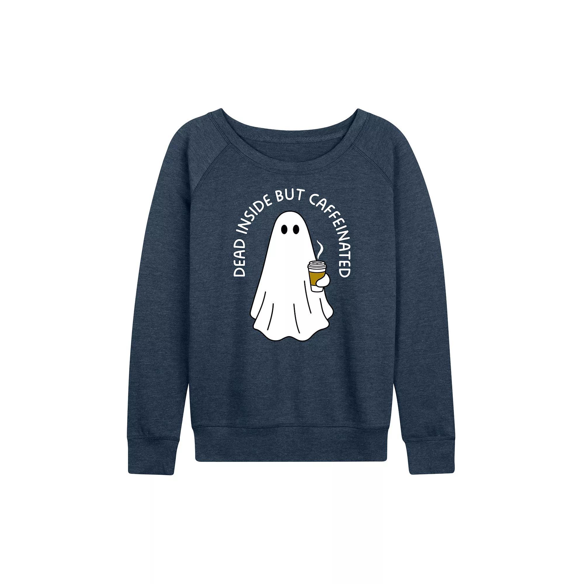 Women's Dead Inside But Caffeinated Ghost French Terry Long Sleeve Tee, Size: Medium, Grey Blue Product Image