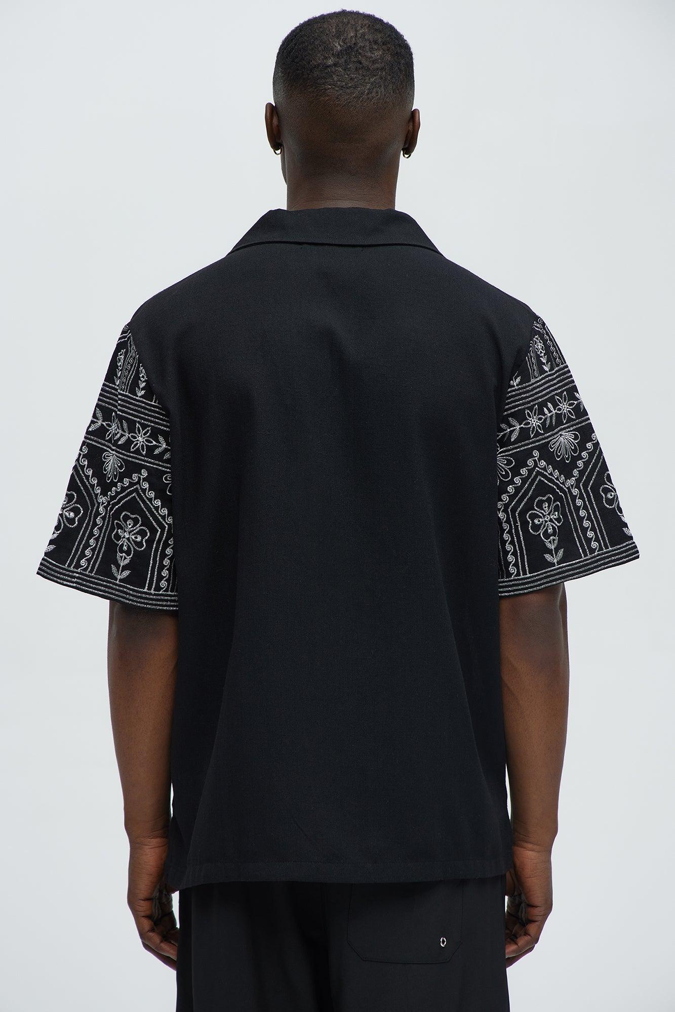 Embroidered Floral Cuban Collar Button Up Shirt - Black/combo Product Image
