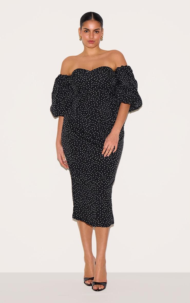 Plus Black Polka Dot Bandeau Puff Sleeve Midi Dress Product Image
