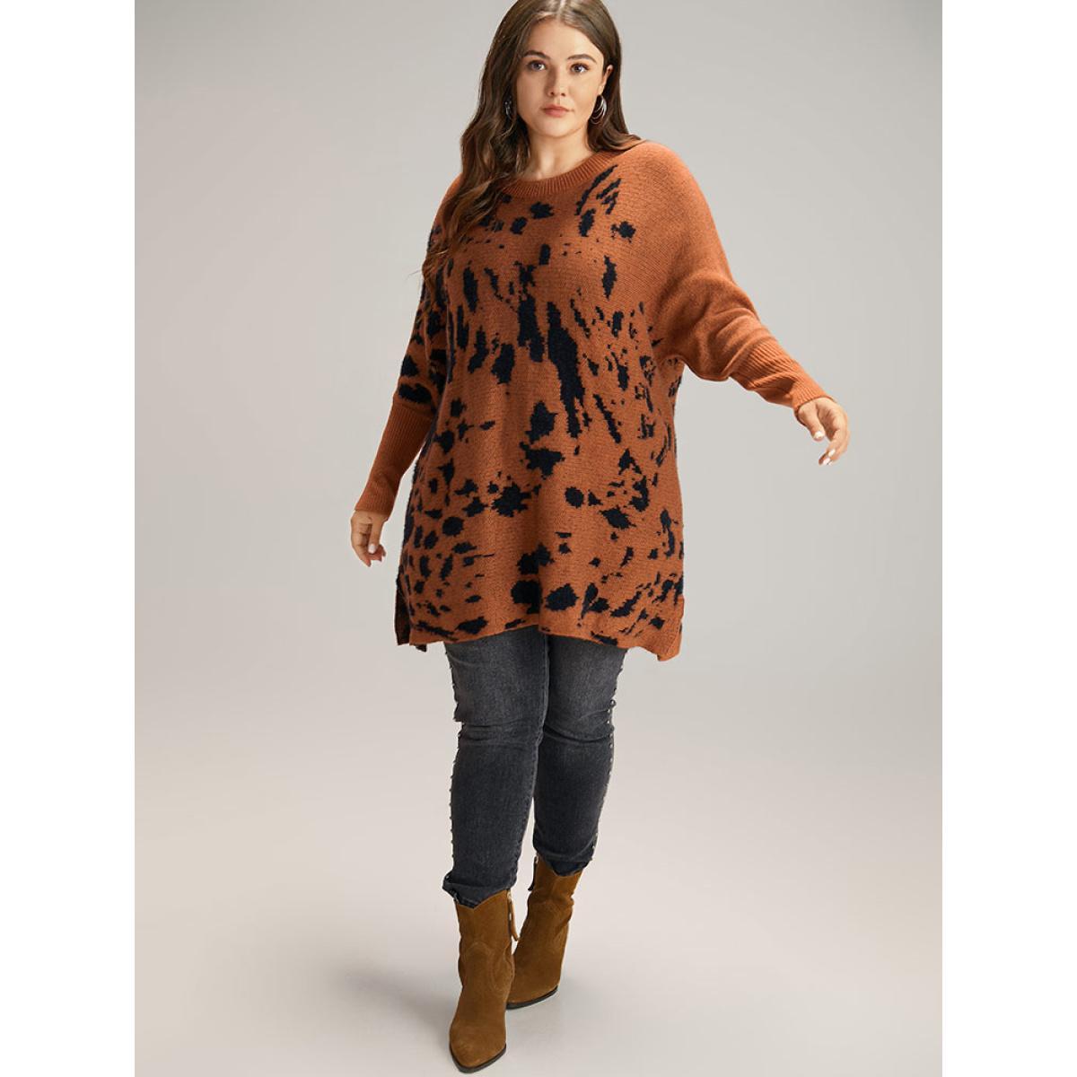 Plus Size Leopard Batwing Sleeve Split Hem Pullover Rust Women Casual Loose Long Sleeve Round Neck Dailywear Pullovers BloomChic 18-20/2X Product Image
