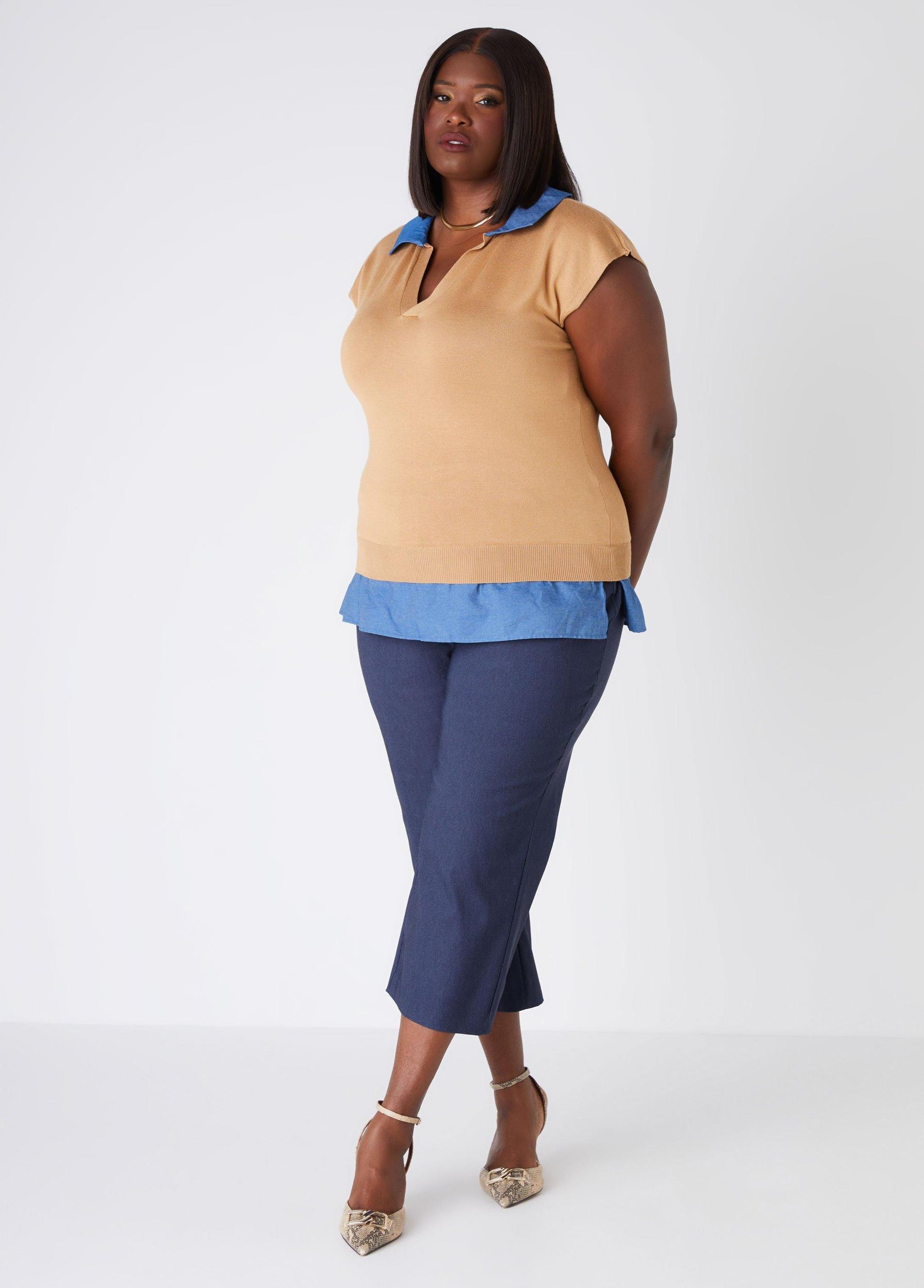 Chambray Paneled V Neck Sweater Product Image