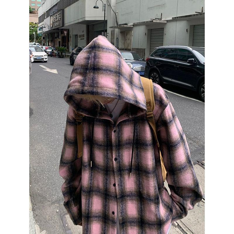 Plaid Hood Fleece-Lined Button Jacket Product Image