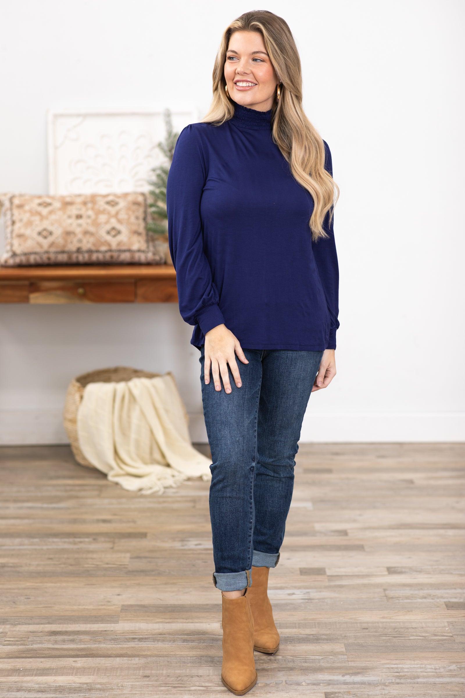 Navy Smocked Turtleneck Top Product Image