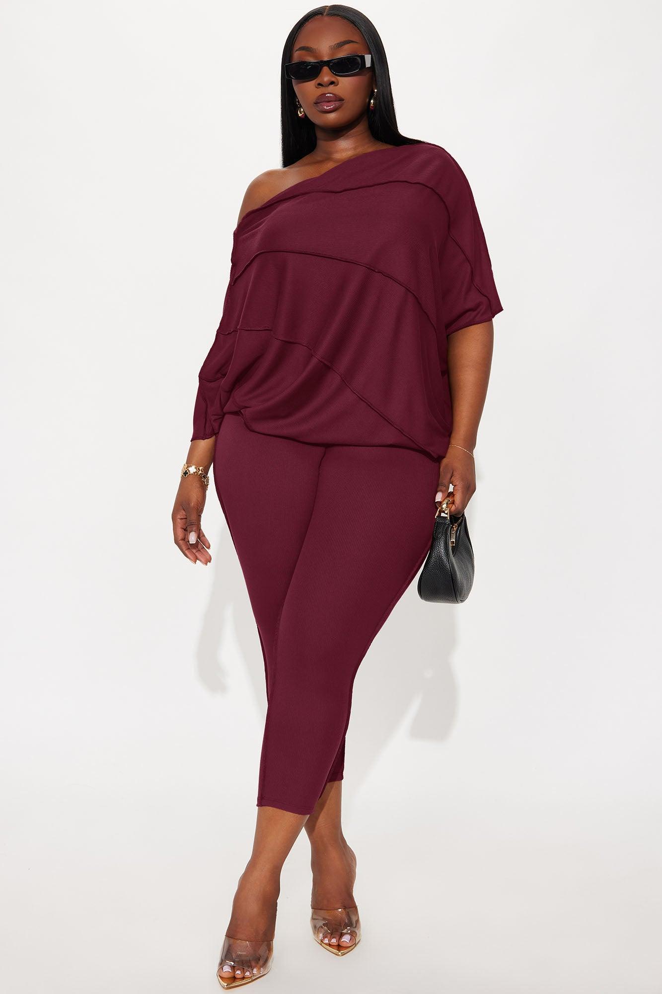 Becca Off Shoulder Ribbed Pant Set - Burgundy Product Image