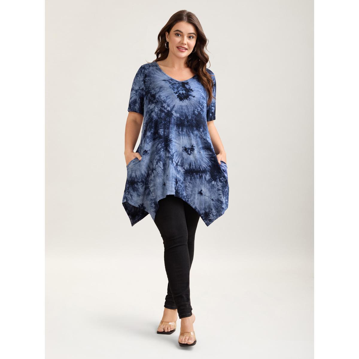 Plus Size Tie-Dye Stretchy Asymmetrical Hem T-Shirt Indigo Women Casual Asymmetrical V-neck Loose Everyday T-shirts BloomChic 28/5X Product Image