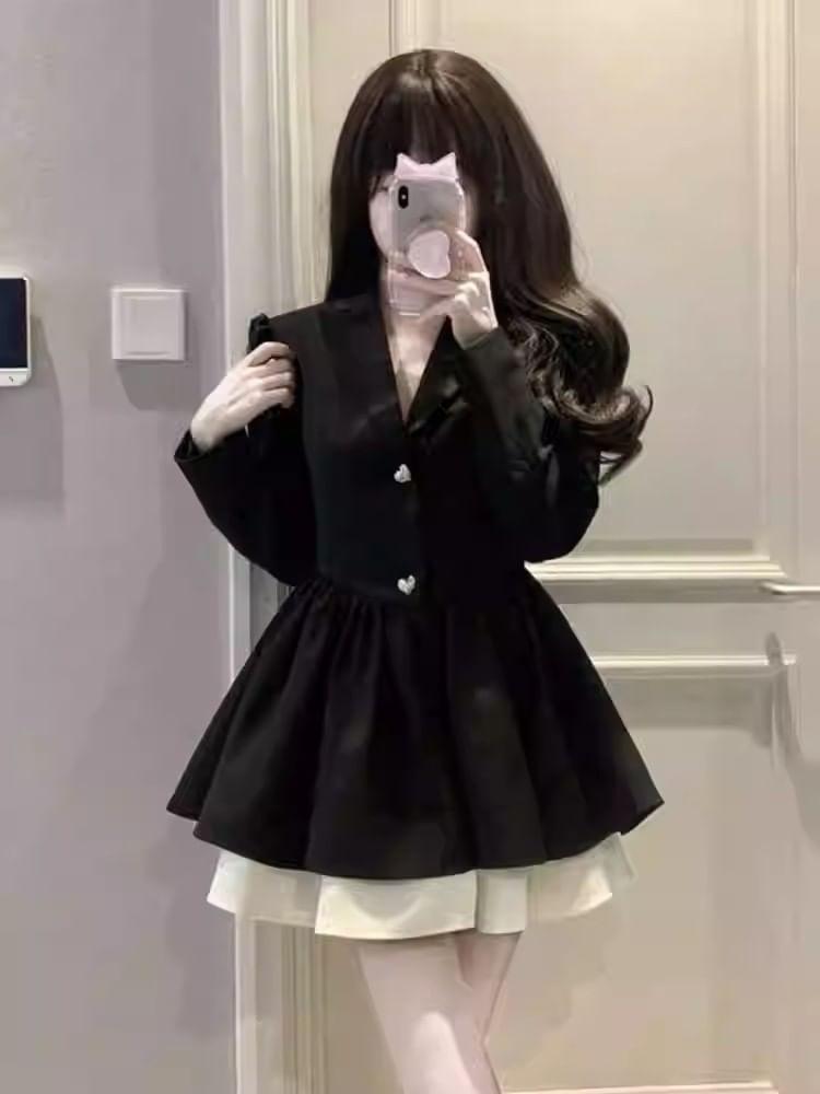 Long-Sleeve Lapel Collar Two Tone Mini A-Line Dress Product Image