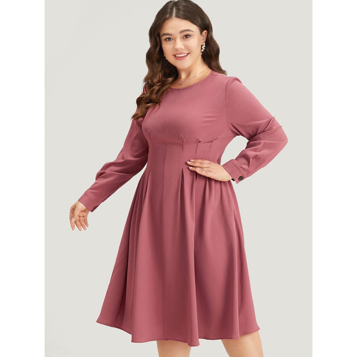 Plus Size Crew Neck Plicated Detail Ruffle Hem Dress DustyPink Women Office Plain Round Neck Long Sleeve Curvy Midi Dress BloomChic 22-24/3X Product Image