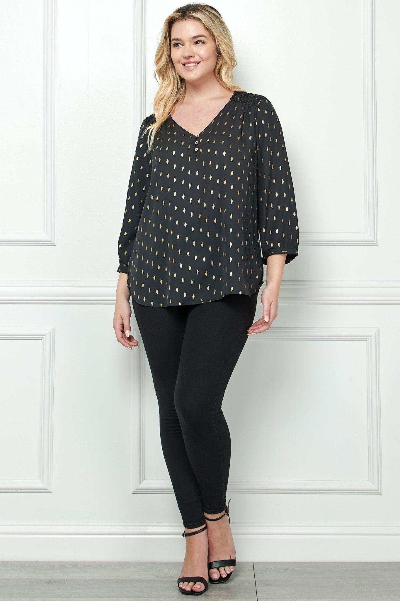 Black 3/4 Button Cuff Sleeve V Neck Popover - Plus Product Image