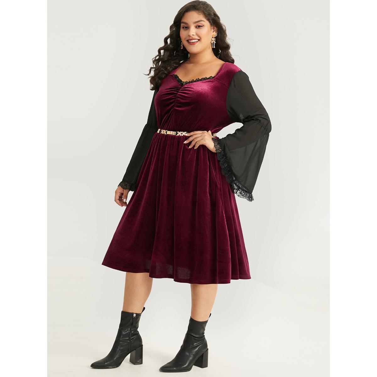 Plus Size Halloween Two Tone Velvet Ruched Lace Panel Bell Sleeve Dress Burgundy Women Elegant Gathered Square Neck Long Sleeve Curvy Midi Dress BloomChic 10/M Product Image