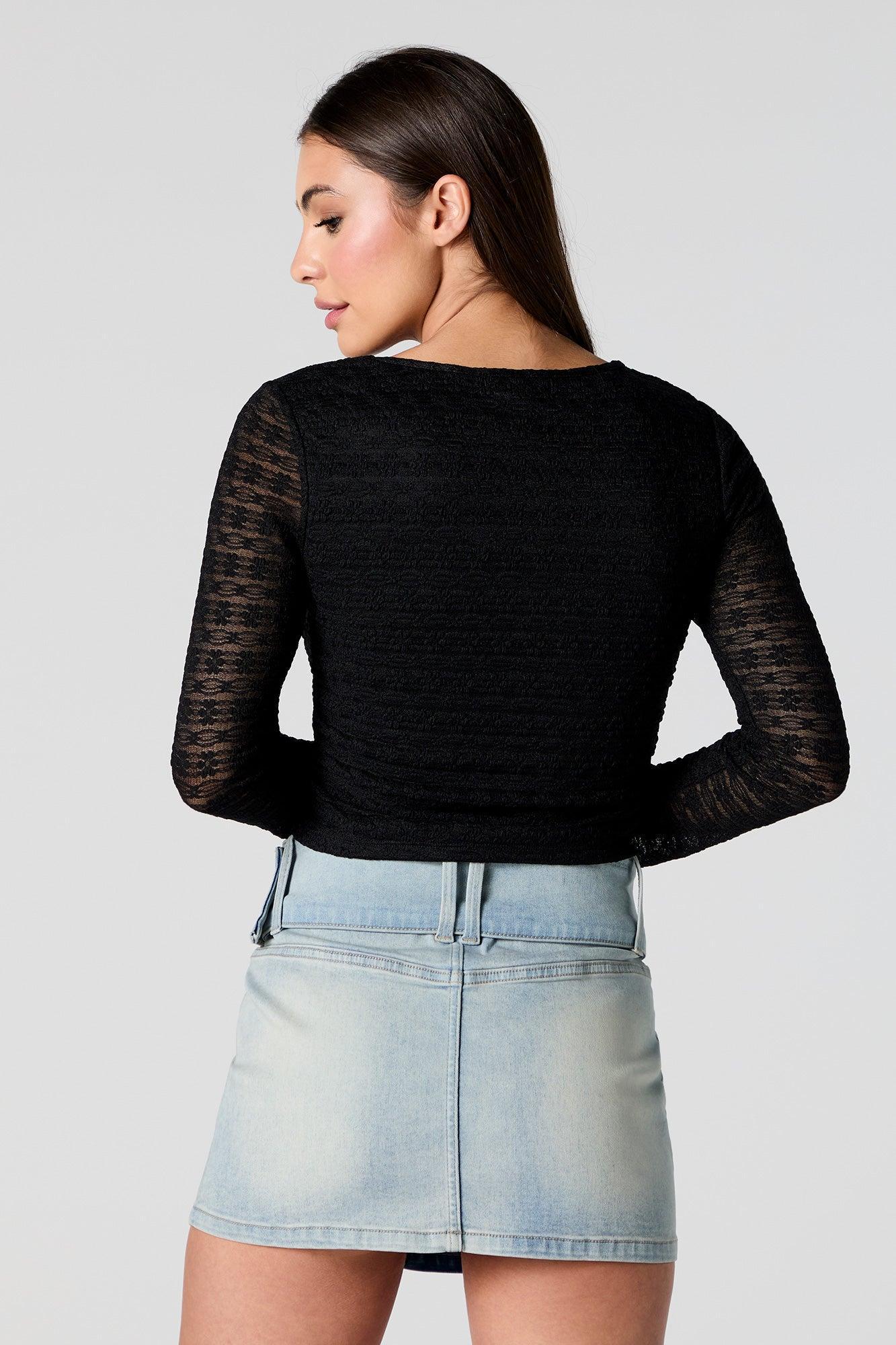 Floral Lace Long Sleeve Crop Top Female Product Image