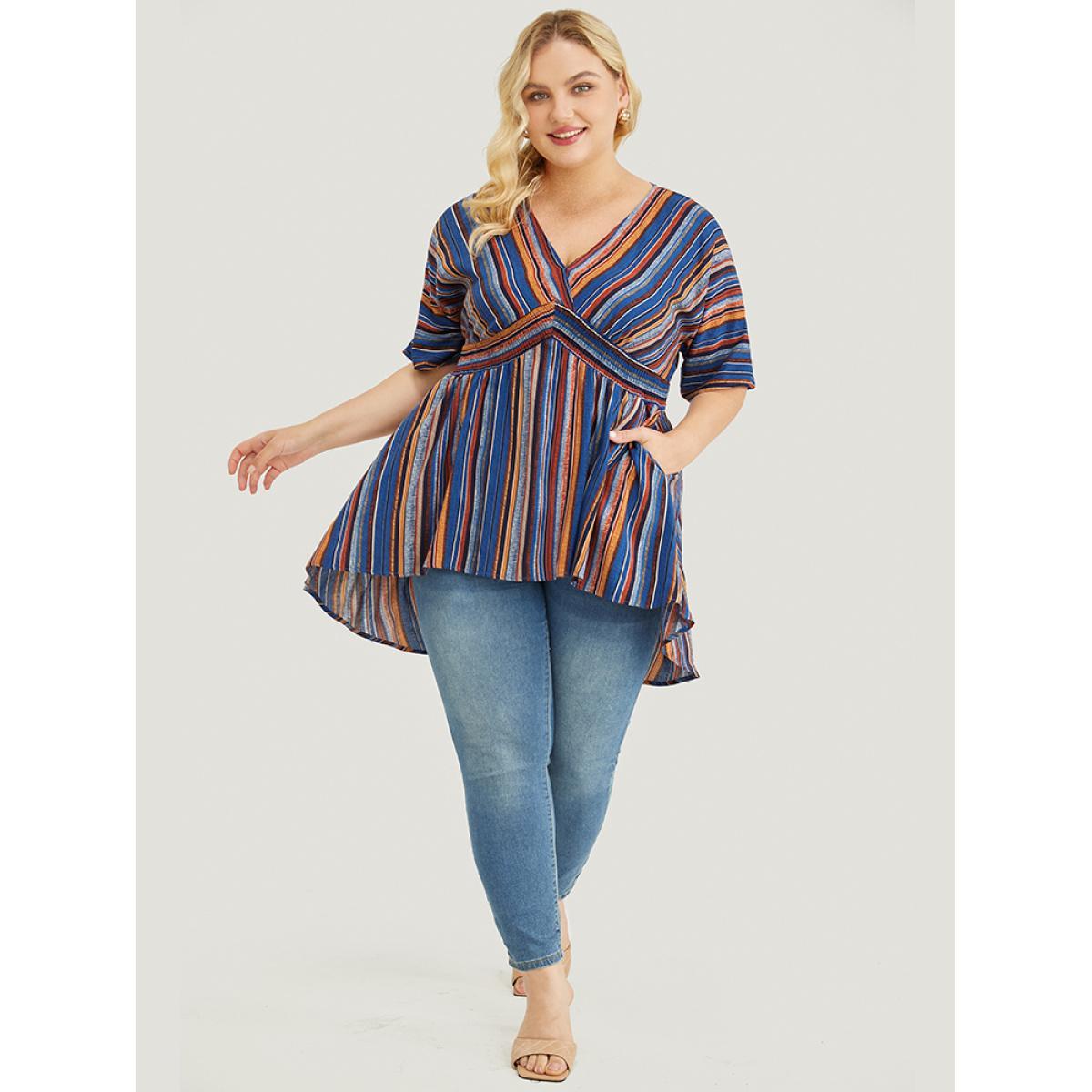 Plus Size Navy Striped Contrast Shirred Wrap High Low Hem Pocket Blouse Women Vacation Short sleeve V-neck Vacation Blouses BloomChic 18-20/2X Product Image
