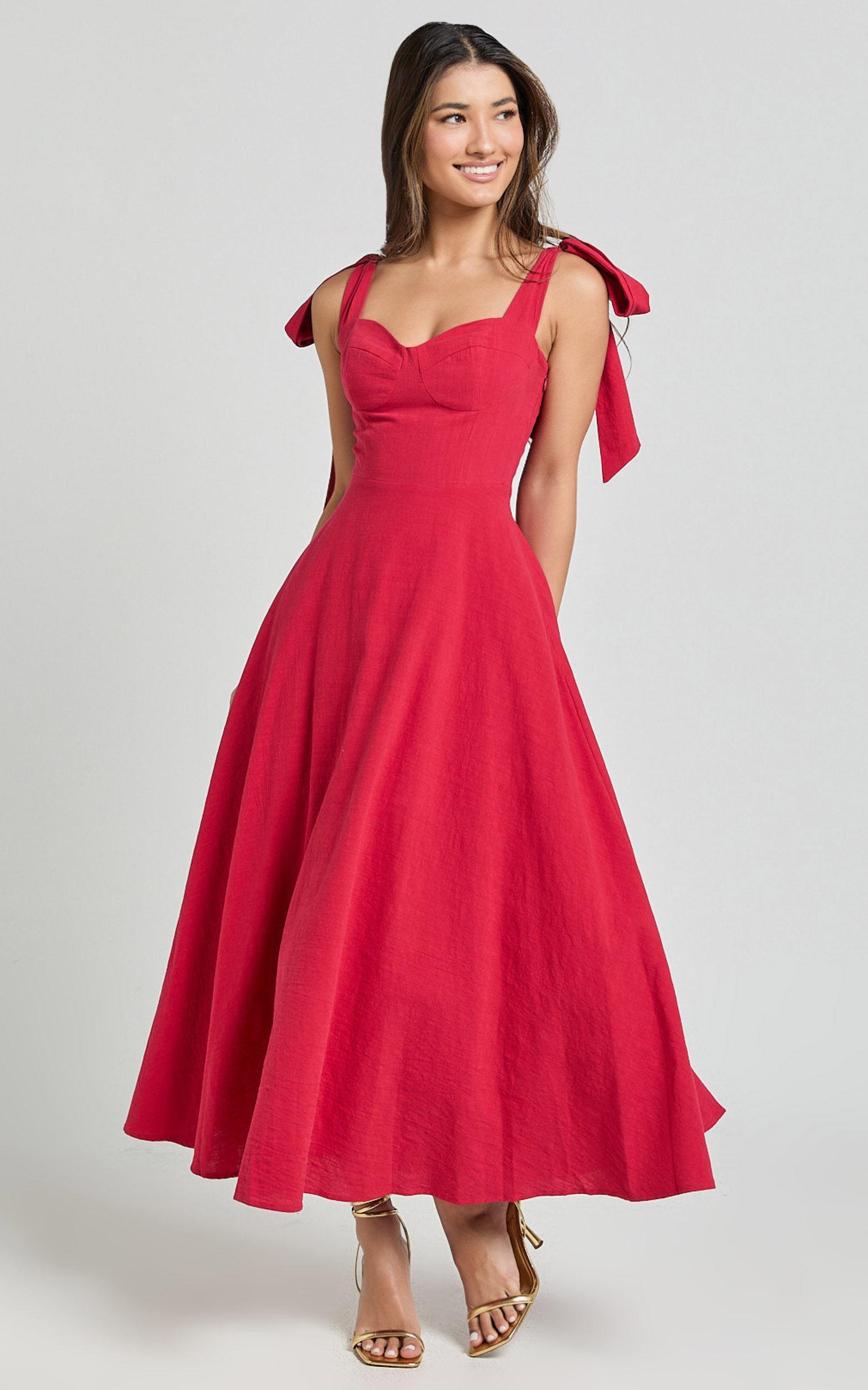 Tymia Midi Dress - Shoulder Tie Bustier Shirred Back A Line in Red Product Image