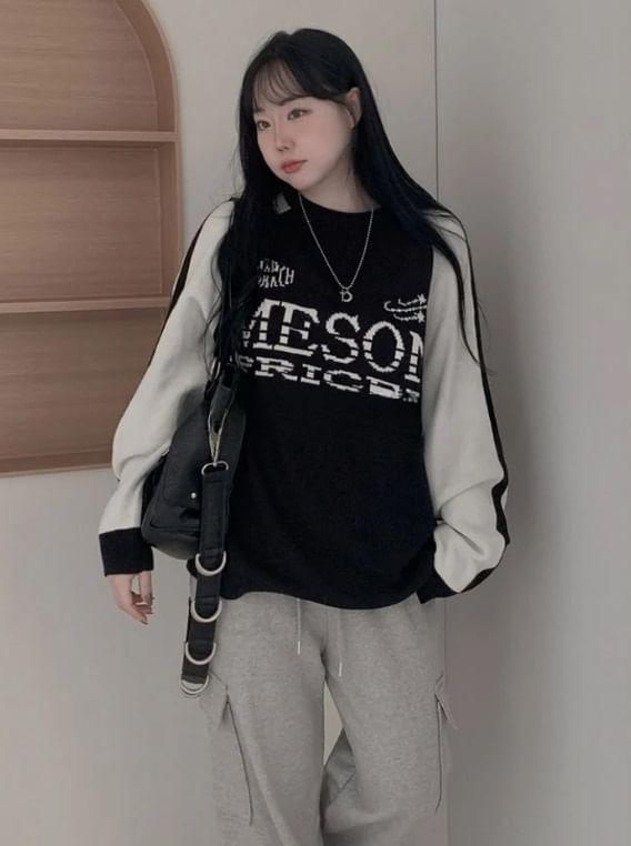 Long Sleeve Color-Block Lettering Print Loose-Fit Sweater Product Image