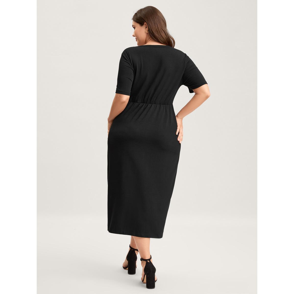Plus Size Twist Front Button Slit Midi Dress Black Women V-neck Short sleeve Curvy BloomChic 14-16/1X Product Image