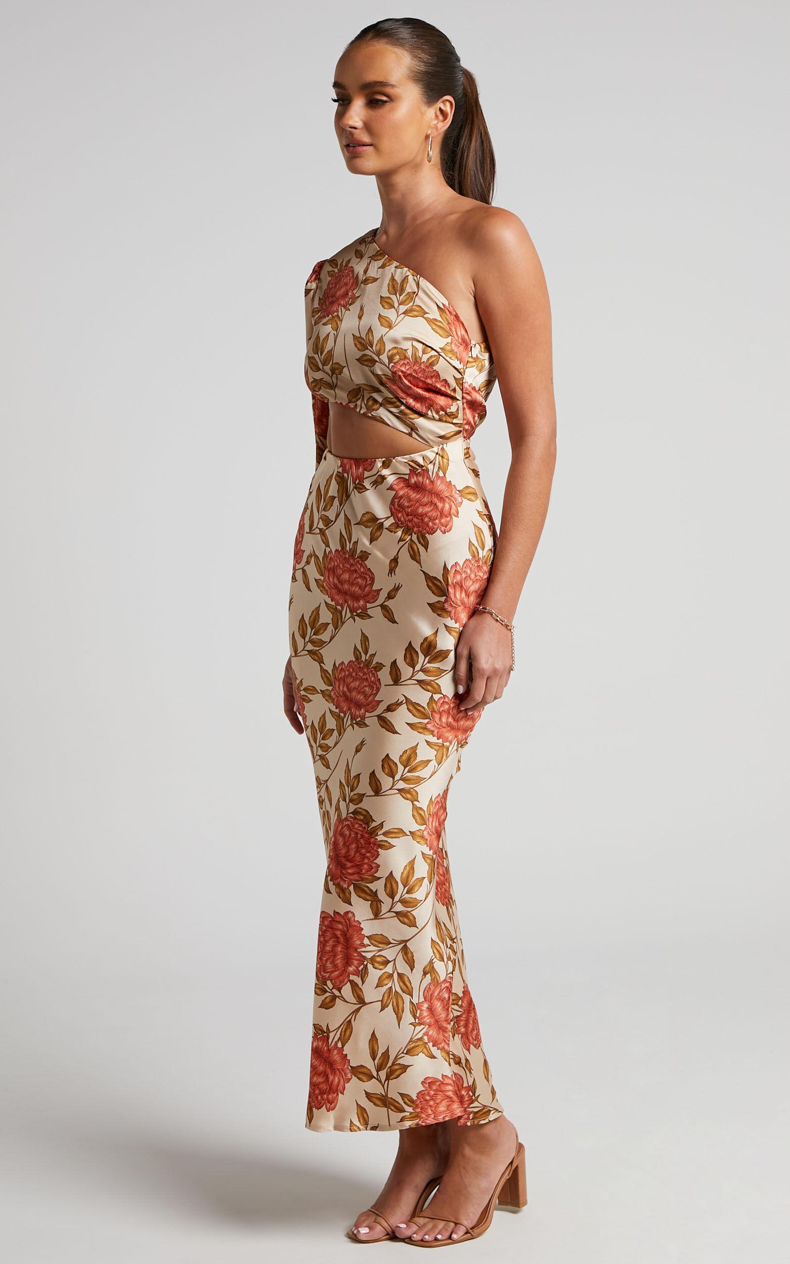 Abagail Midi Dress - One Shoulder Cut Out Dress in Beige Floral Product Image