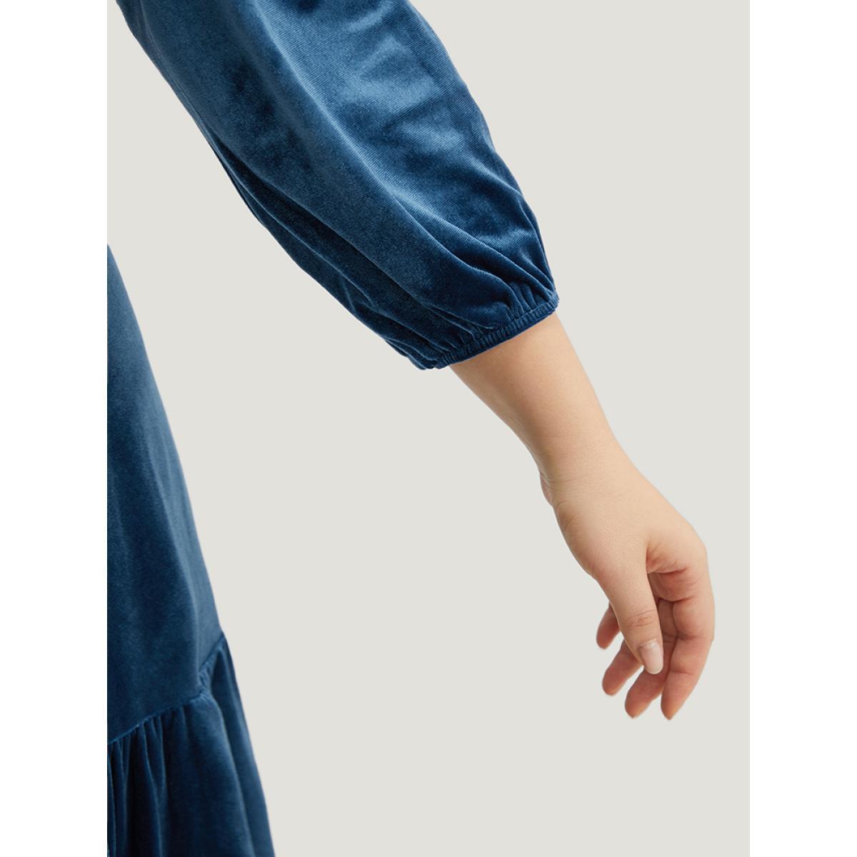 Plus Size Velvet Solid Notched Shirred Tiered Hem Dress Cerulean Women Vacation Elastic cuffs Notched collar Elbow-length sleeve Curvy Midi Dress BloomChic 28/5X Product Image
